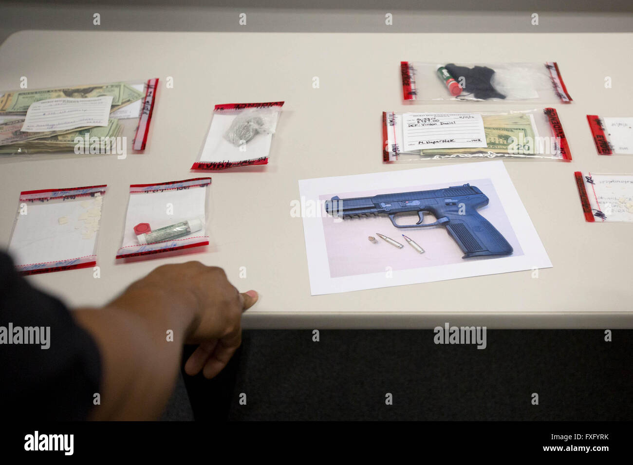 Pahokee, Florida, USA. 15th Apr, 2016. Evidence on display at the Delray Beach Police Department