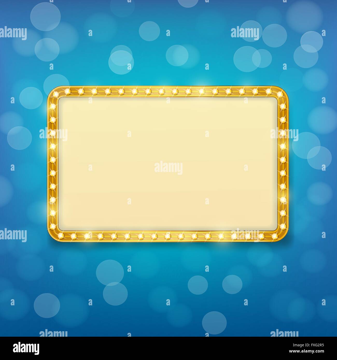 cinema golden frame with light bulbs on blurry blue background Stock Vector
