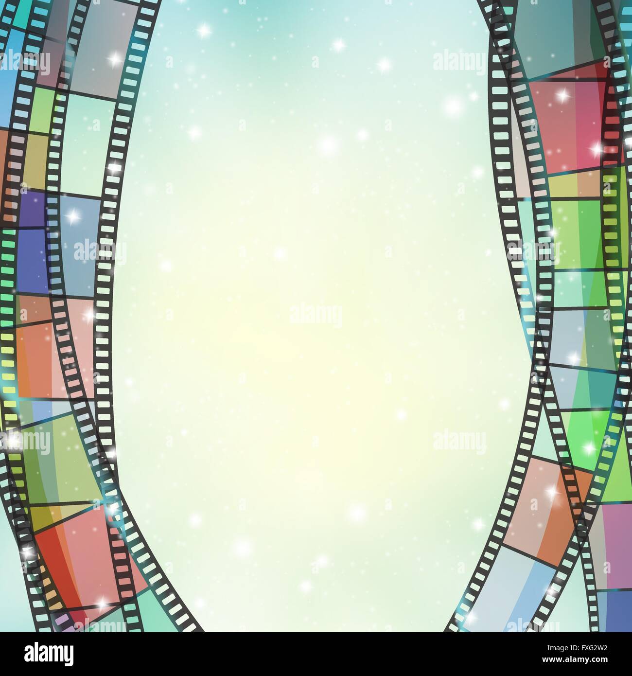 Cinema background with color film strips and glittering stars Stock Vector