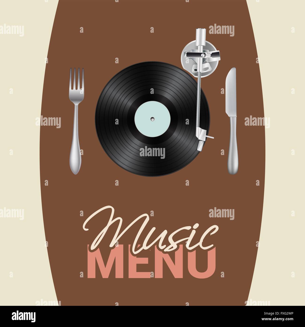 music menu conceptual illustration with vinyl turntable, knife, fork, text Stock Vector