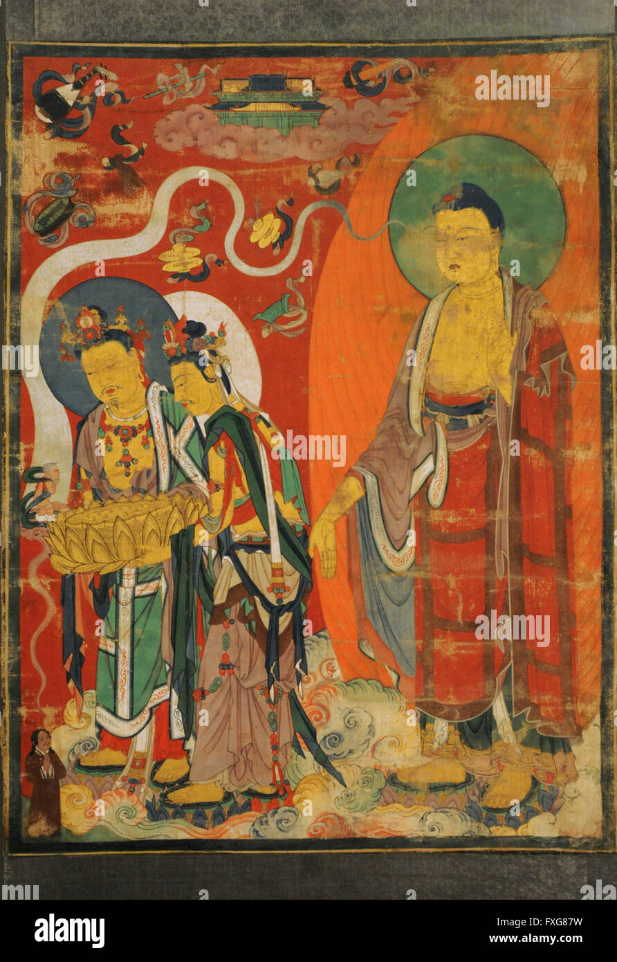 Greeting of the Righteous Man on the Way to the Pure Land of Buddha Amitabha. Tangut State of the Western Xia (982-1227). Khara-Khoto. 13th century. Scroll: colur on cotton.The State Hermitage Museum. Saint Petersburg. Russia. Stock Photo