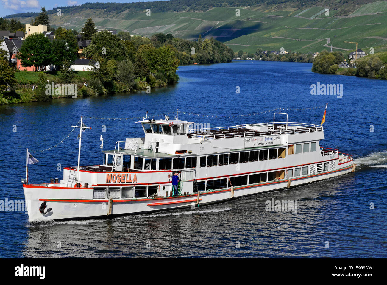 Excursion boat Mosella on the Moselle, at Bernkastel-Kues, Rhineland-Palatinate, Germany Stock Photo