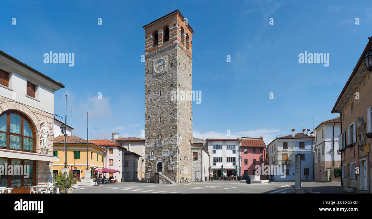 Town square with clock tower, Piazza Vittorio Emanuele, Marano Lagunare, Udine, Friuli-Venezia Giulia, Italy Stock Photo