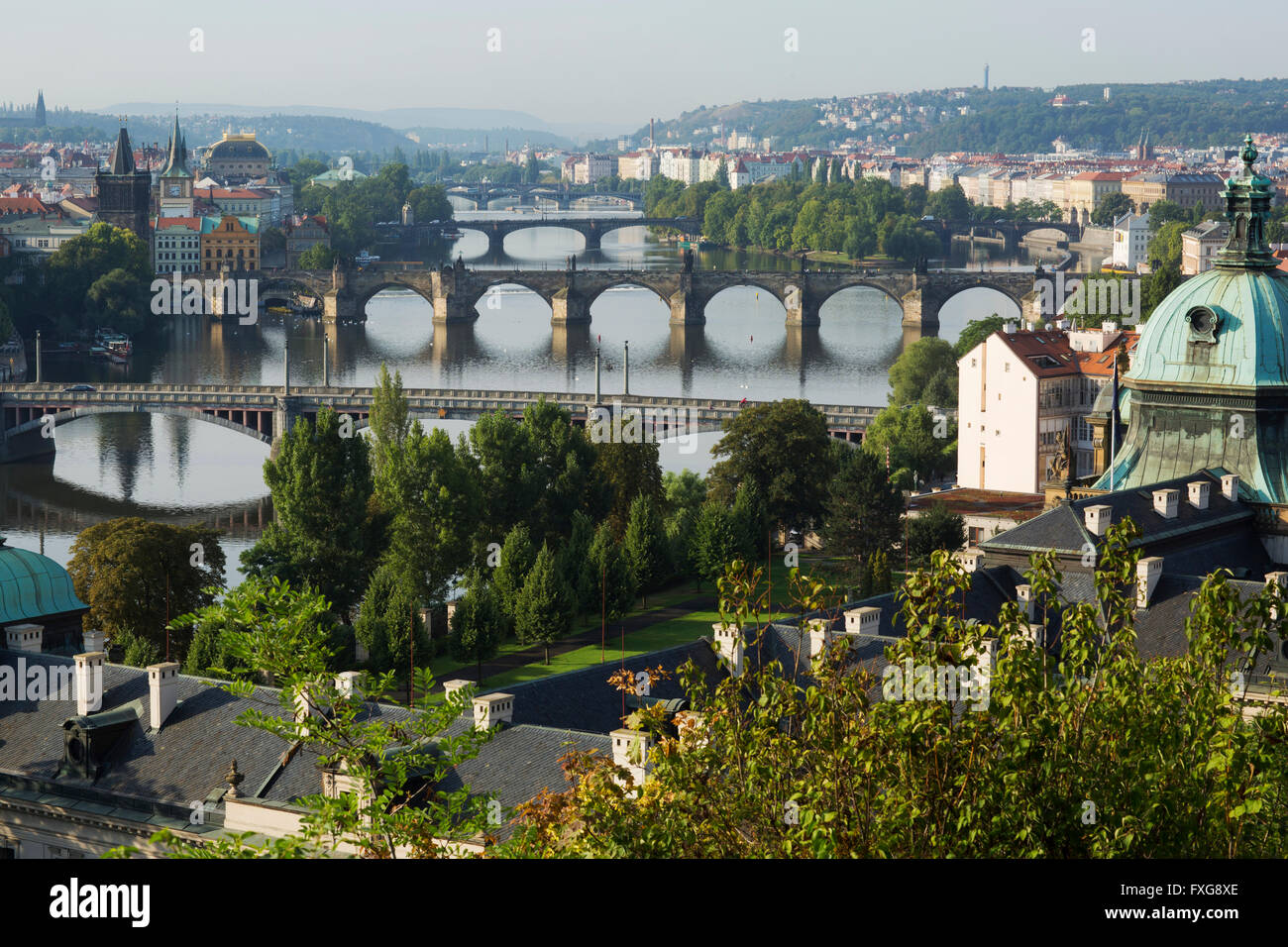View from Letna Hill over the Vltava River bridges to the historic centre with bridge tower, Prague, Czech Republic Stock Photo