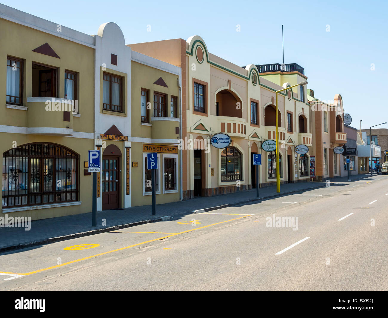 Facades of old colonial houses in Sam Nujoma Ave, Erongo, Swakopmund, Namibia Province Stock Photo