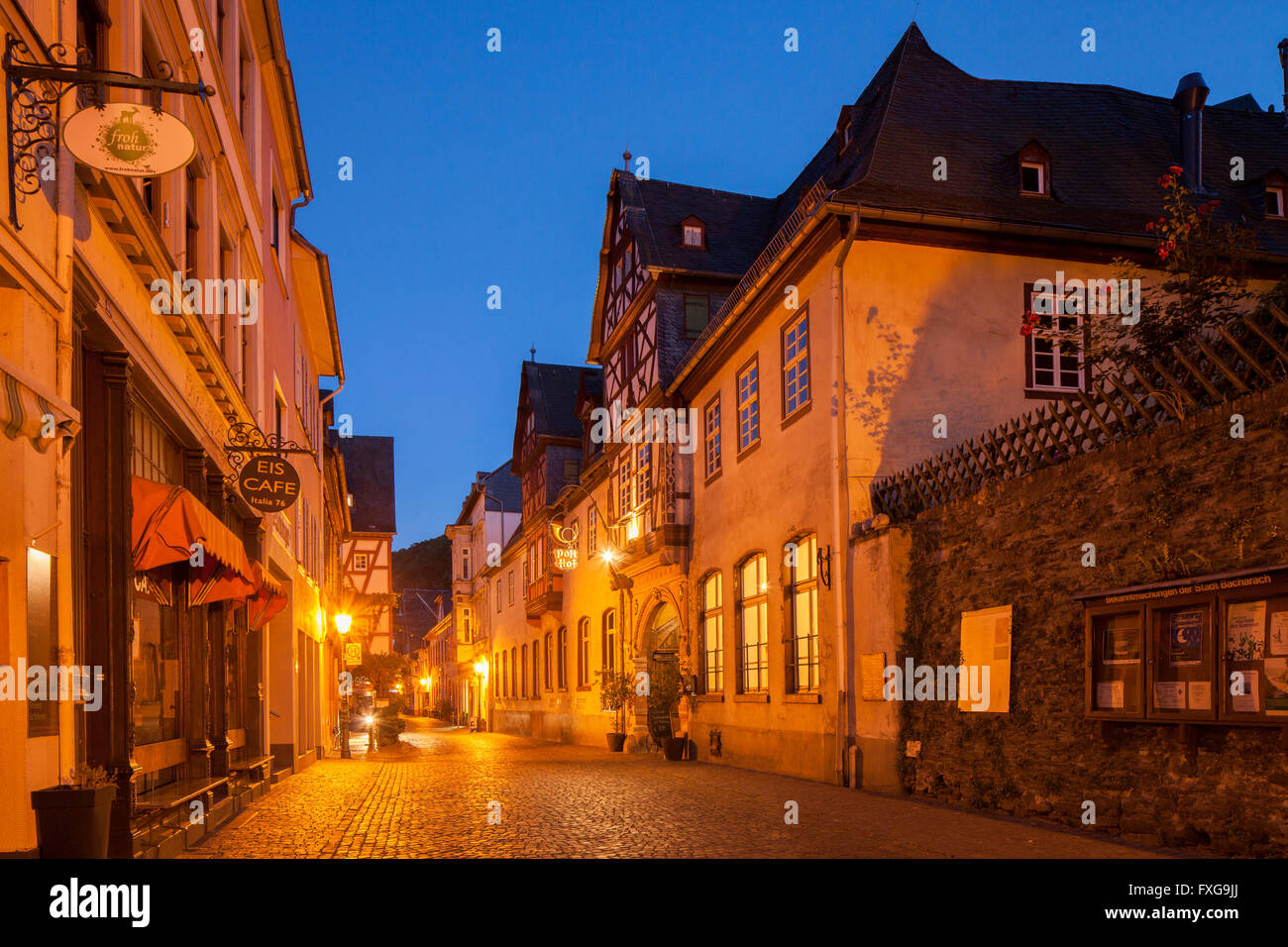 Oberstraße street in the historic centre with Posthof at dusk, Bacharach, Rhineland-Palatinate, Germany Stock Photo