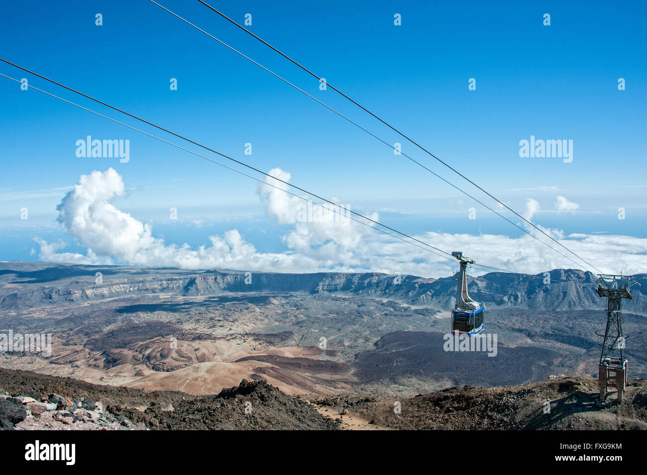 View from the mountain station in the crater of the volcano Teide with gondola of the cable car, Teide National Park, Parque Stock Photo