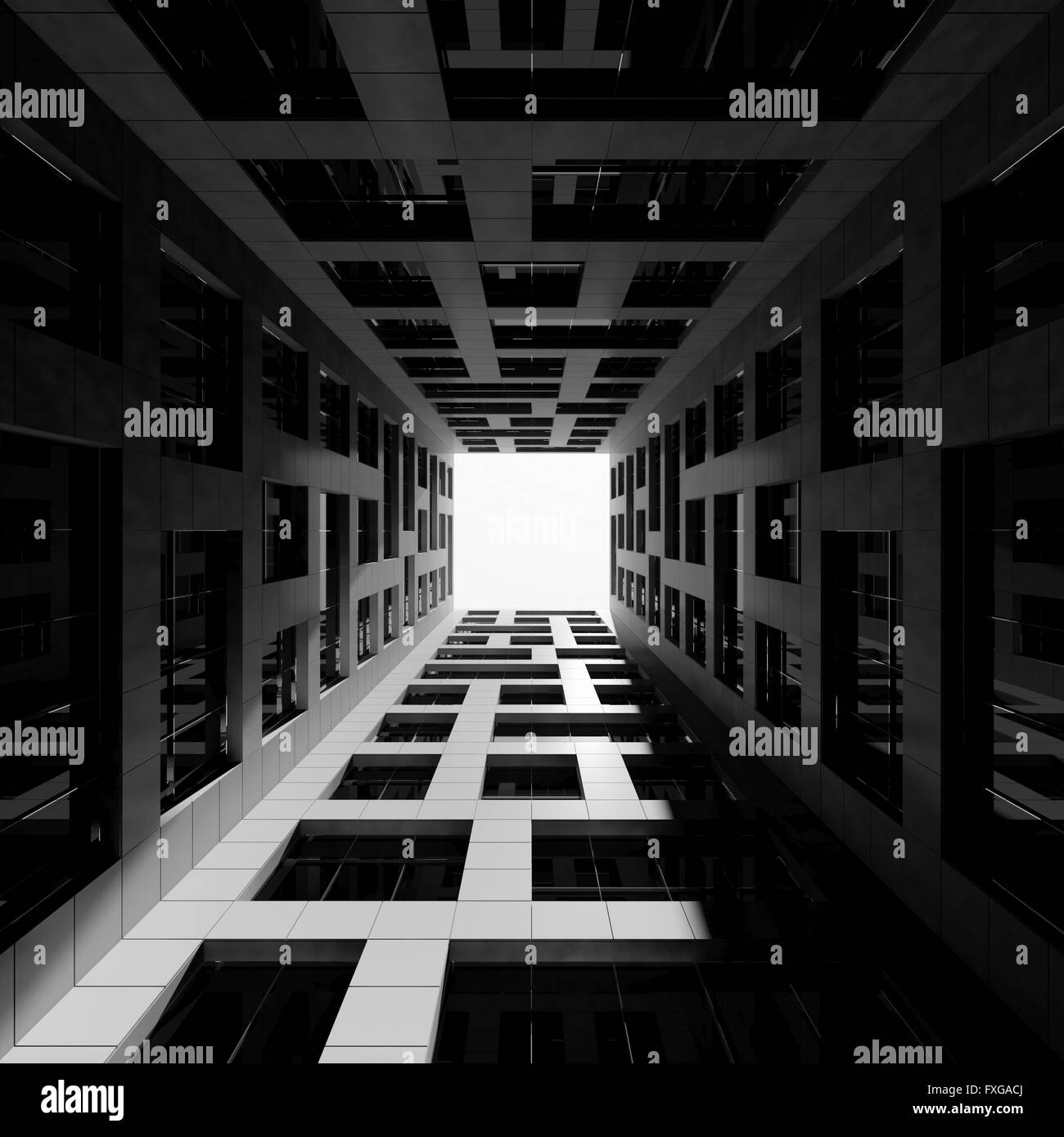 Abstract modern architecture. Inner courtyard of tall modern office