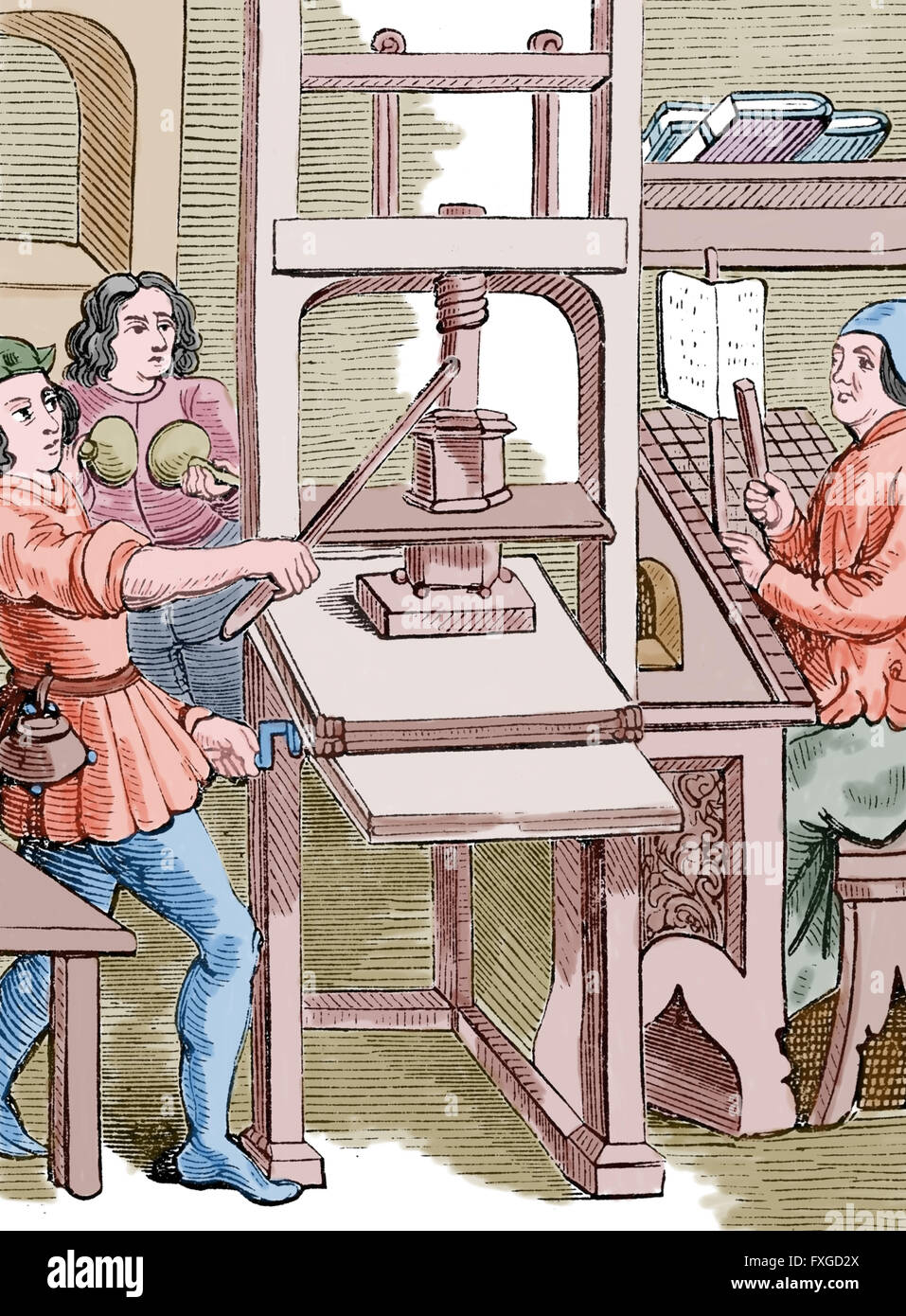 Printing press. 15th century. Engraving. Color Stock Photo Alamy