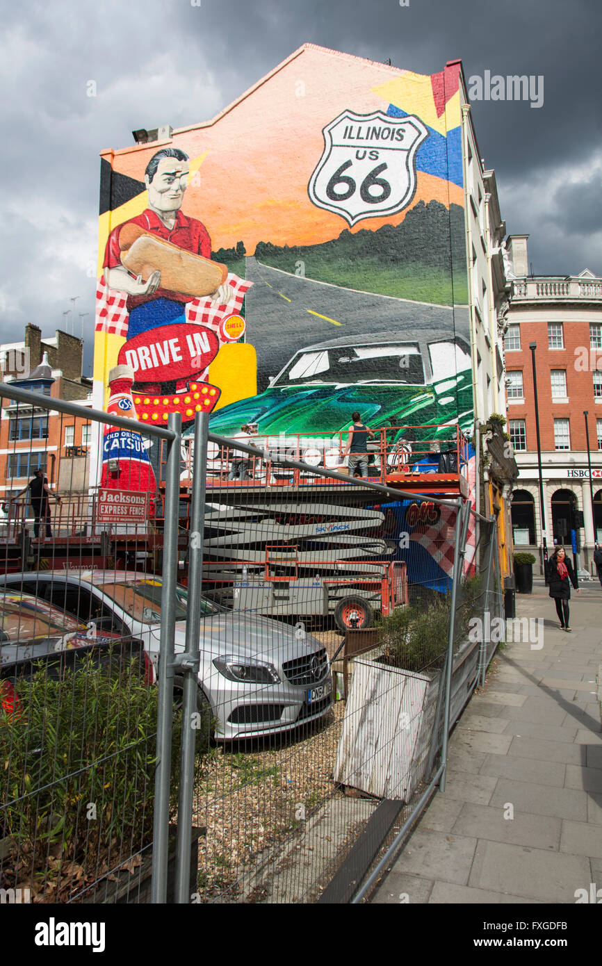 Larger than life Route 66 mural by Will Vibes in Clerkenwell, London, UK Stock Photo