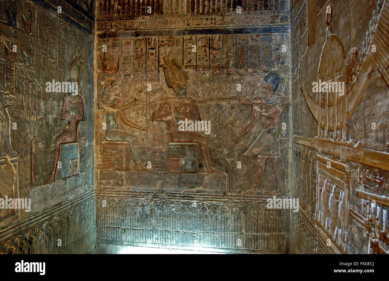A wall carving hieroglyphic with coloured paint, in Valley of the Kings, Luxor, Egypt Stock Photo