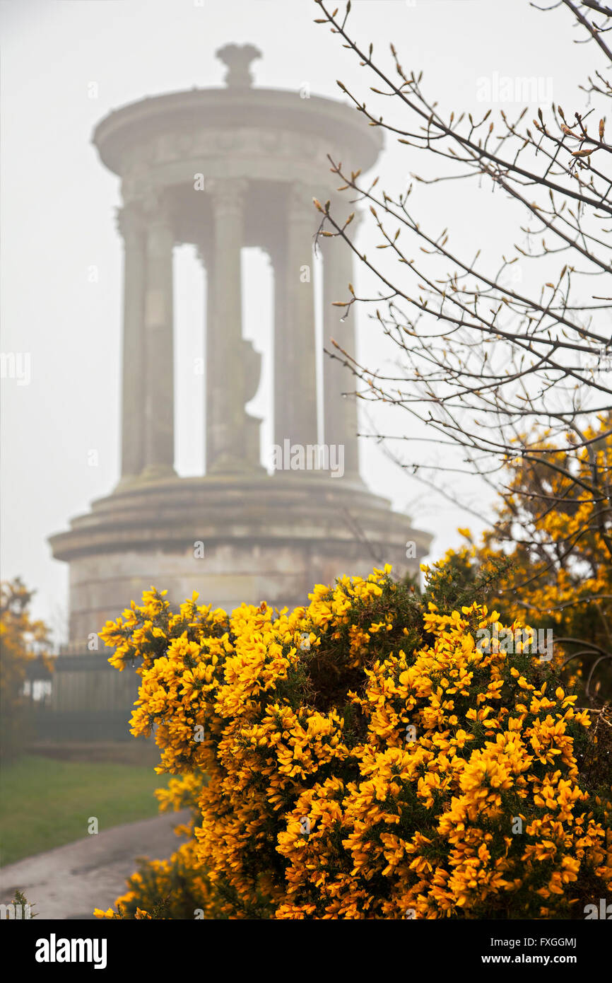 Image of the Dugald Stewart monument on Calton Hill, covered in thick fog. Edinburgh, Scotland. Stock Photo