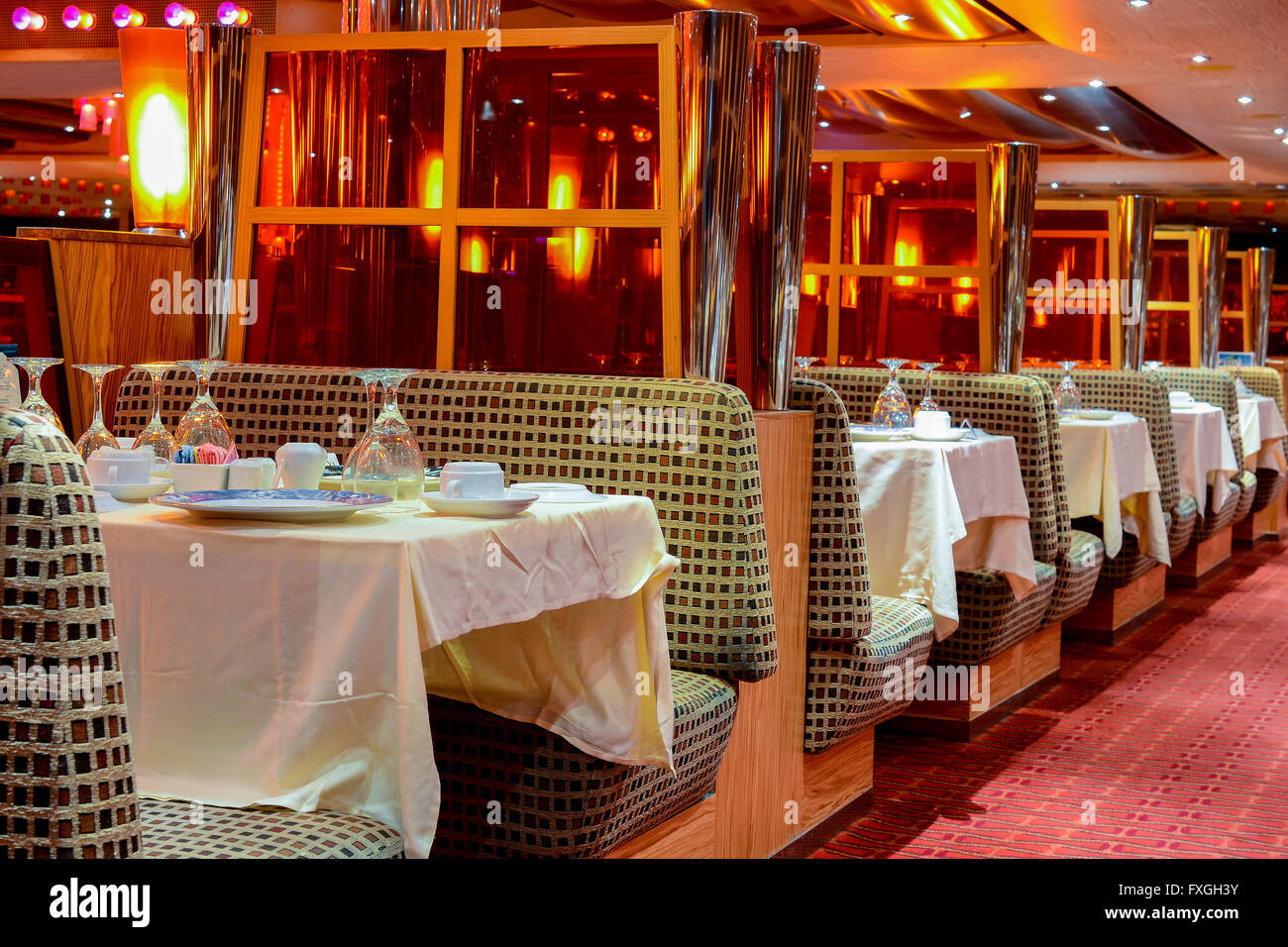 Interior restaurant cruise ship with table, plate and glasses Stock Photo