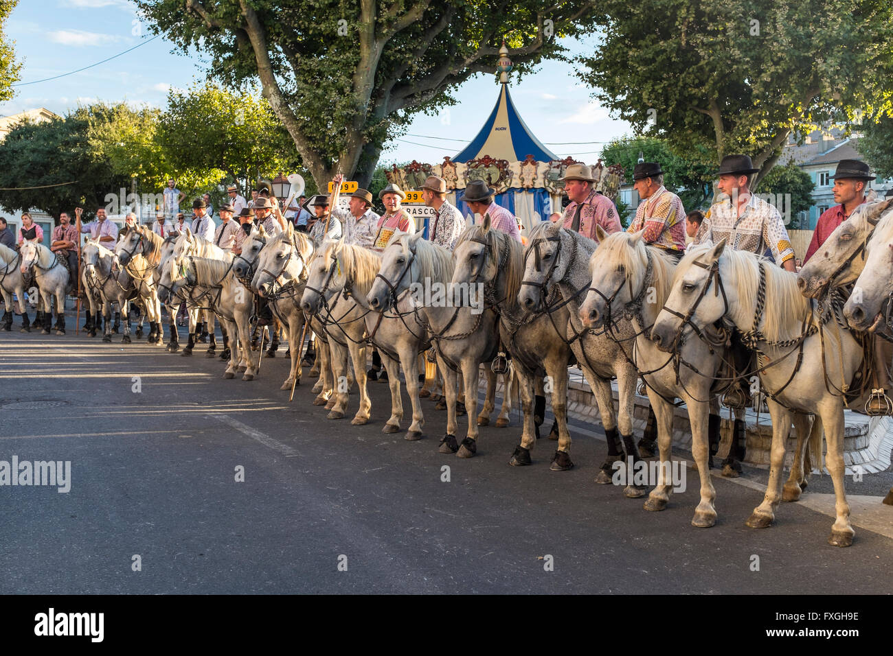 Olympiades Camarguaises racing during Summer Festival in the town of Saint Rémy de Provence, Bouches du Rhône, Provence, France Stock Photo