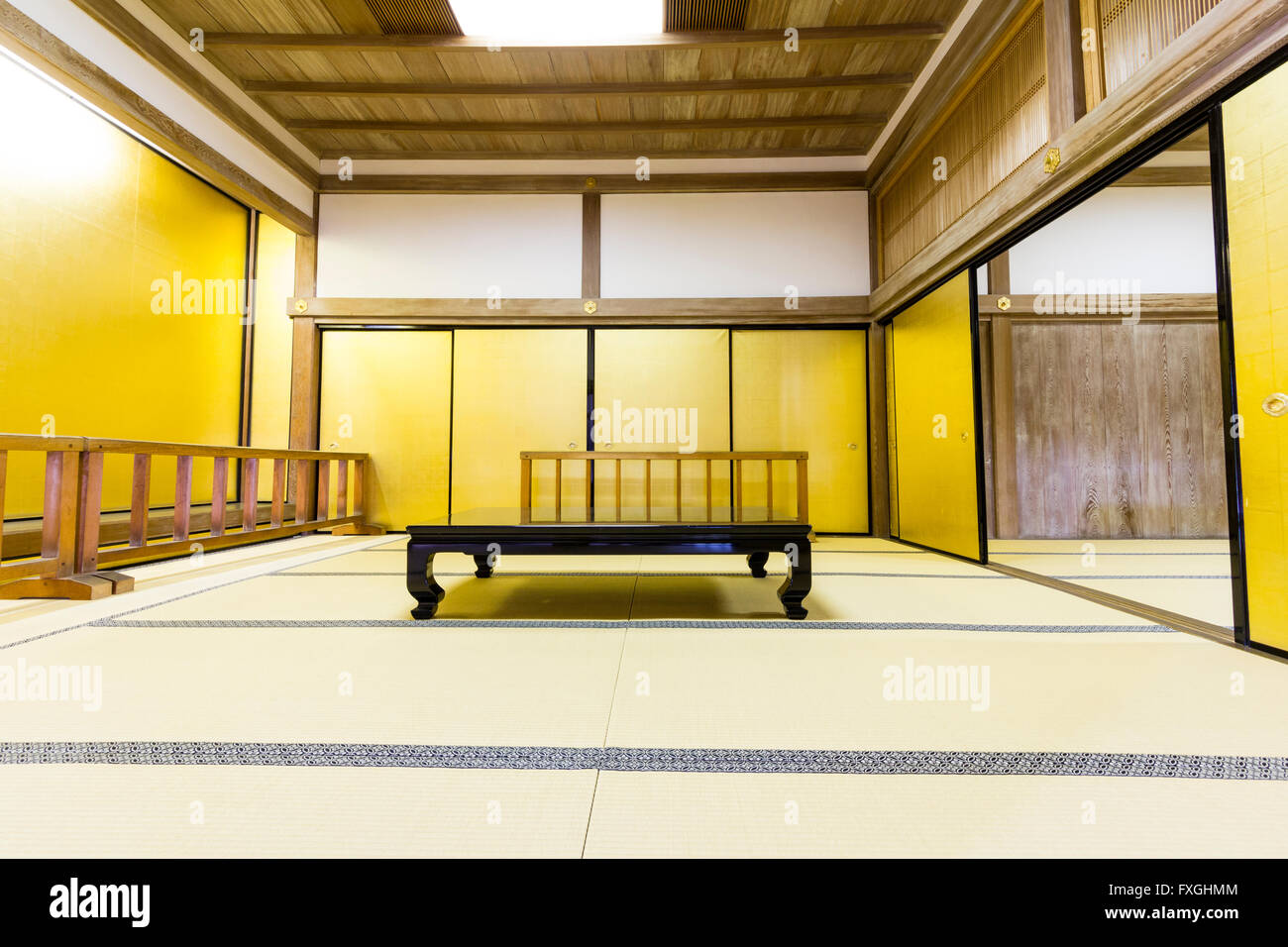 Japan, Kumamoto Castle. Interior room, used for Japanese tea ceremony, in the Sukiyamaru two story tower, yagura. Low table in middle on tatami mats. Stock Photo
