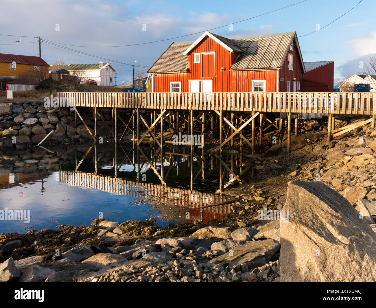 Rorbu fisherman's cabin in Henningsvaer on Austvagoy, Lofoten Islands, Norway Stock Photo