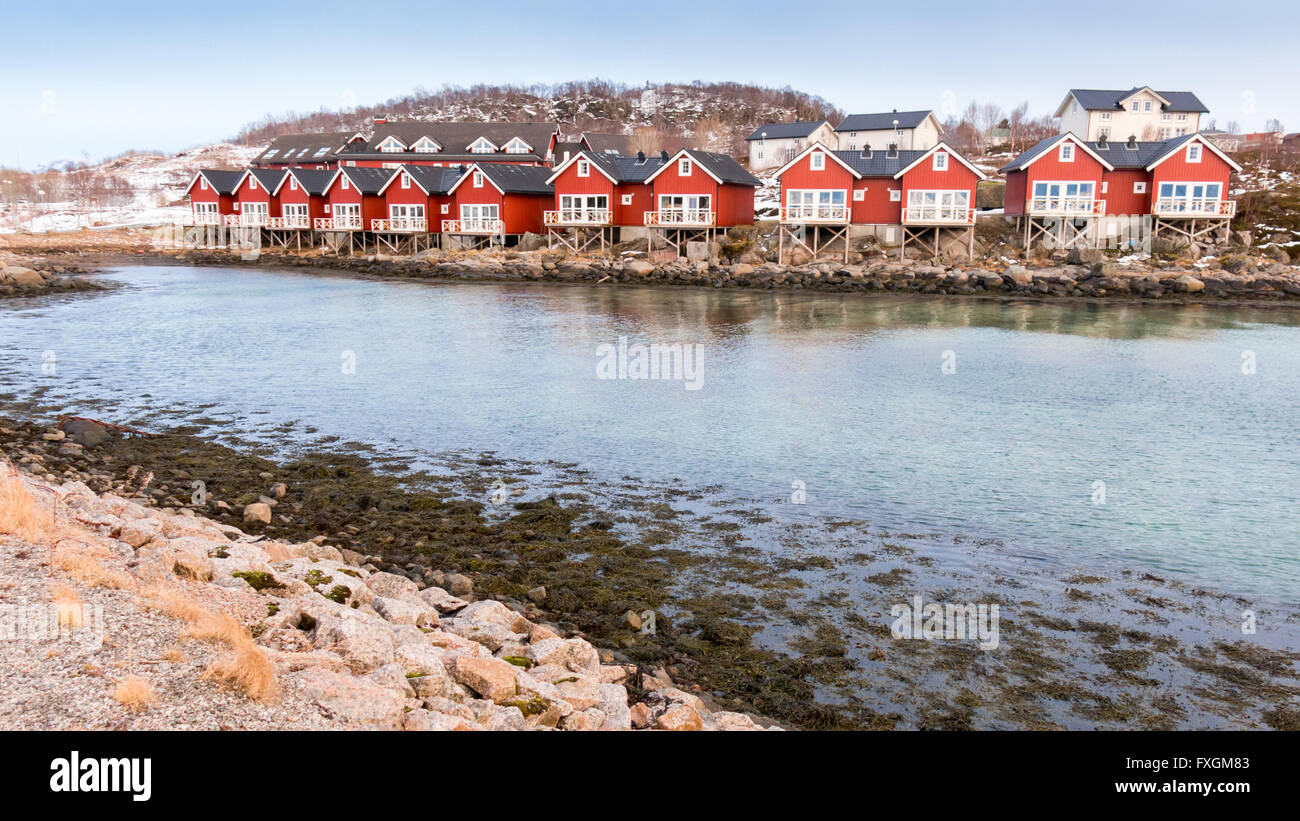Waterfront rorbu cabins in Stokmarknes, Vesteralen, Norway Stock Photo