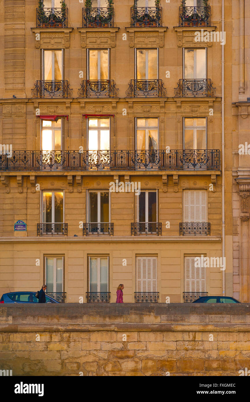 France 19th century building, view of apartments along the Quai d'Orleans on the Ile St-Louis dating from the nineteenth century, Paris, France. Stock Photo