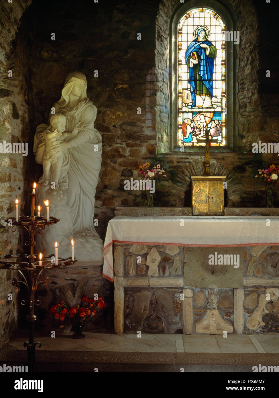 Interior of 1930s Celtic-style Chapel of Our Lady and St Non, by architect David Thomas, beside the Retreat House at St Non's, Pembrokeshire. Stock Photo