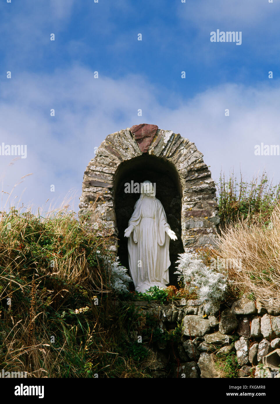 Shrine to Our Blessed Lady built in 1951 by the Passionist Fathers adjacent to St Non's holy well at St Non's near St David's, Pembrokeshire. Stock Photo