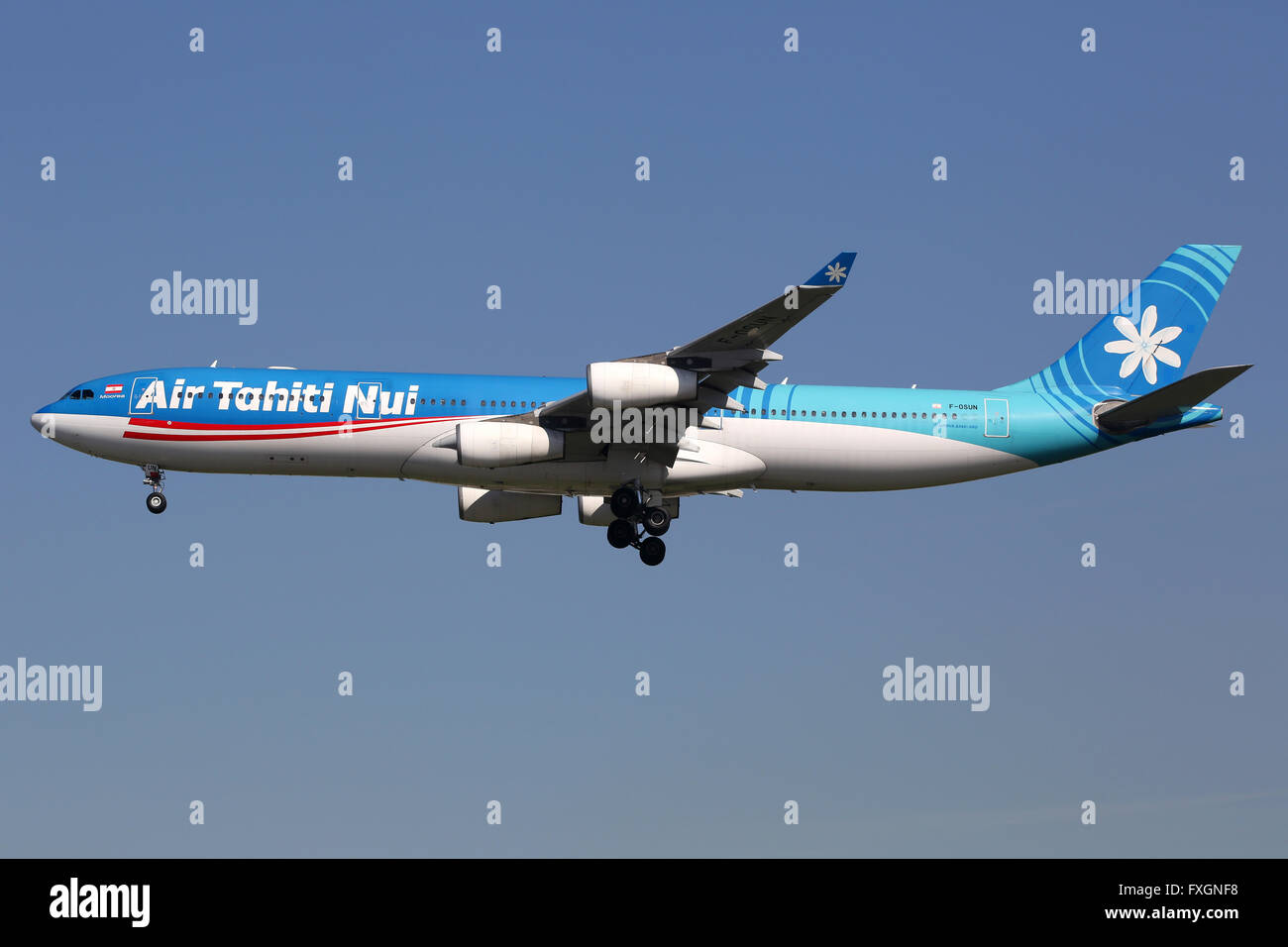 Los Angeles, USA - February 21, 2016: An Air Tahiti Nui Airbus A340-300 with the registration F-OSUN landing at Los Angeles Inte Stock Photo