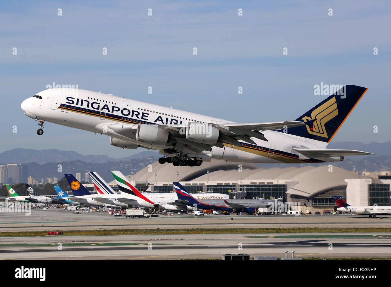 Los Angeles, USA - February 22, 2016: A Singapore Airlines Airbus A380 with the registration 9V-SKS taking off at Los Angeles In Stock Photo