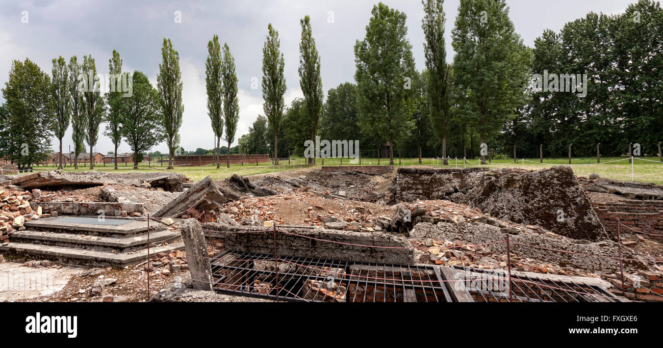 Inside Auschwitz-Birkenau, Poland, evidence of deliberate destruction to crematoria. Stock Photo