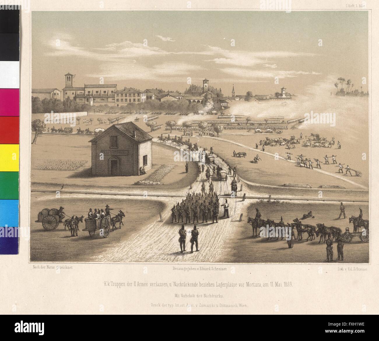 K.k. Truppen der II. Armee verlassen, und Nachrückende beziehen Lagerplätze vor Mortara, am 11. Mai 1859 Stock Photo