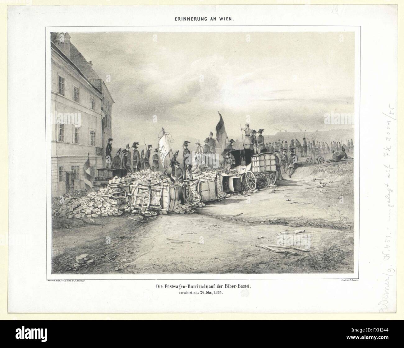 Die Postwagen-Barricade auf der Biber-Bastei, errichtet am 26. Mai, 1848 Stock Photo