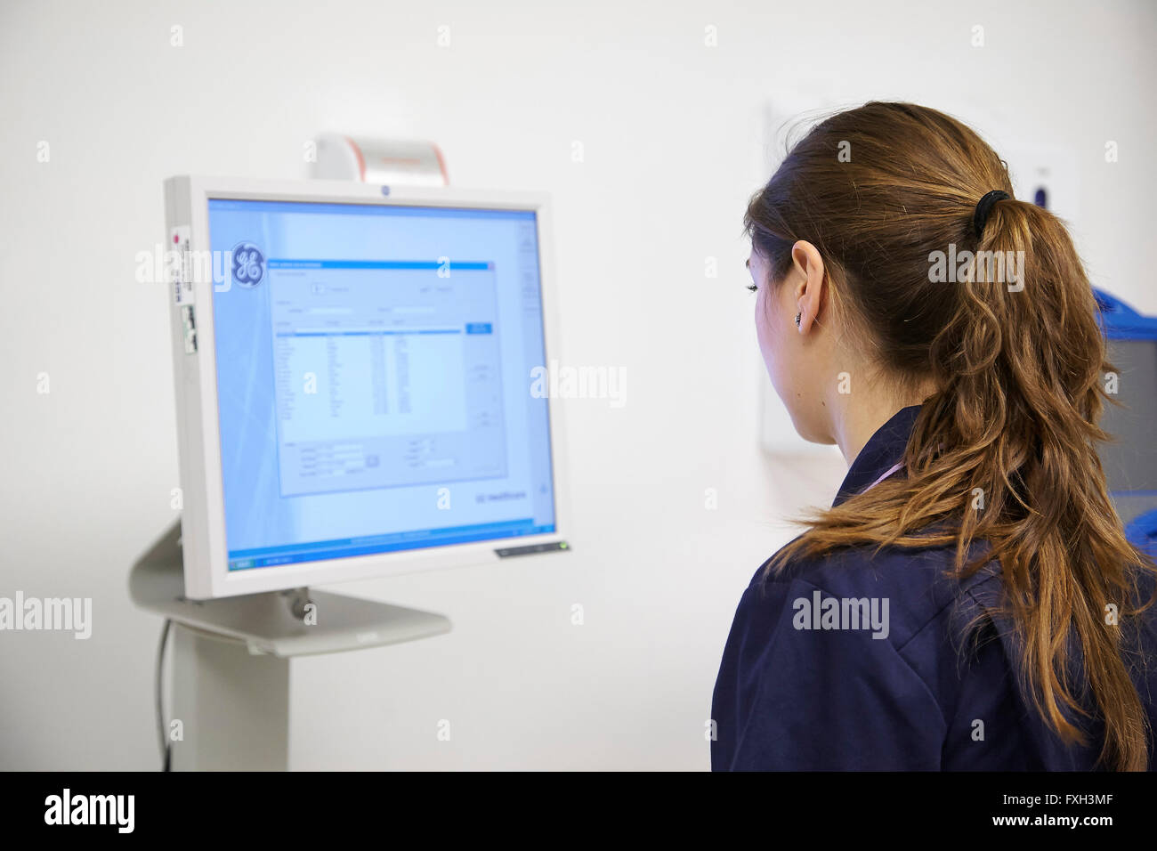 A nurse looking at a computer monitor in a hospital in the UK. Stock Photo