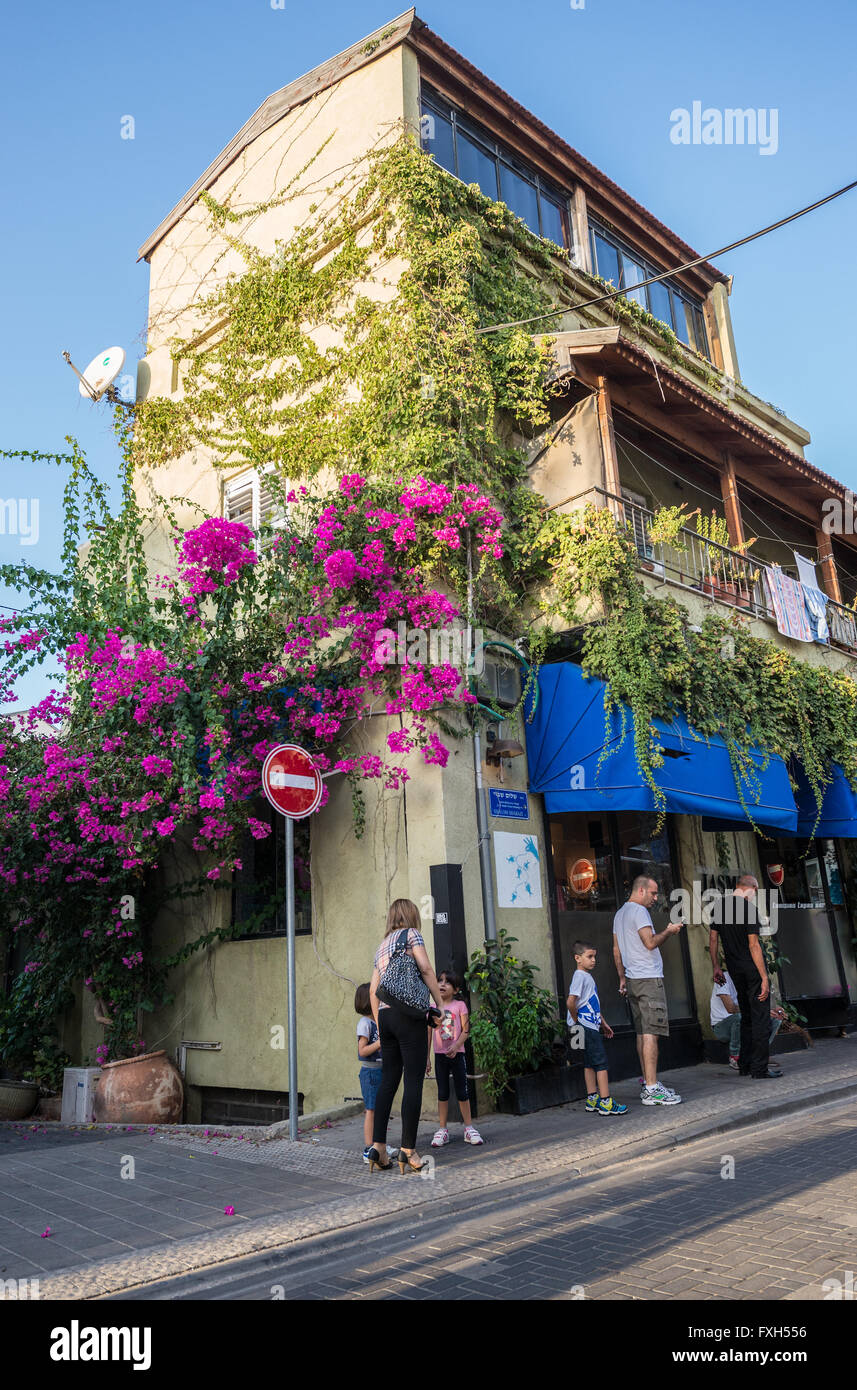 Shalom Shabazi street with Jasmin tapas bar in Neve Tzedek neighborhood