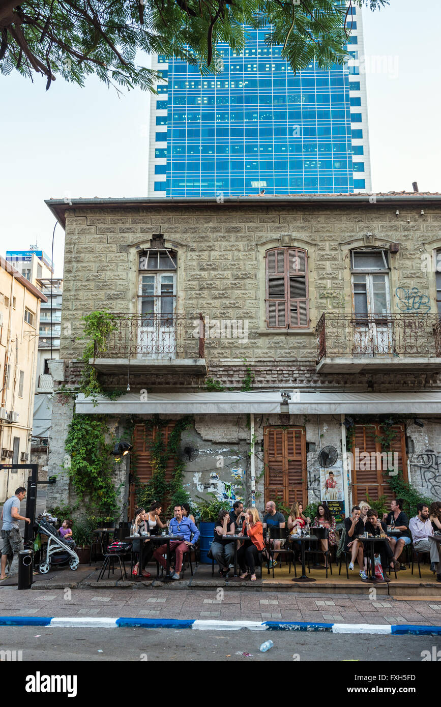 Restaurant at Rothschild Boulevard in Tel Aviv city, Israel. Bank