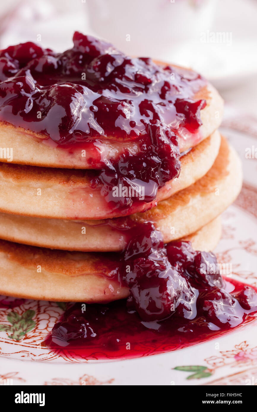 Buttermilk pancakes drizzled with a warm Morello cherry compote Stock Photo Alamy