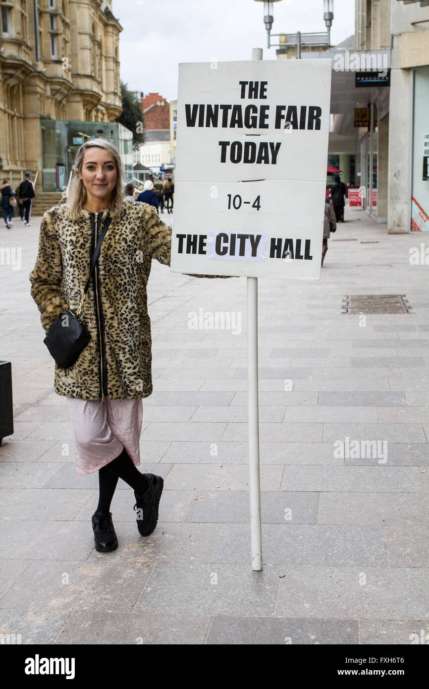 CARDIFF SOUTH WALES UK 6.MARCH 2016. Cardiff city hall; India Thomas  of cardiff holding a sign to drive the public to the city Stock Photo