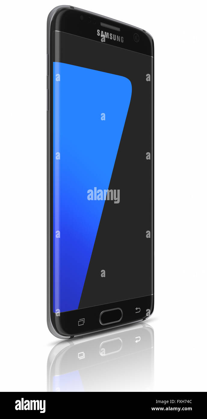Samsung Galaxy s7 edge, which has been presented at MWC in Spain, with 12 MP, f 1.7, 26mm Camera. Stock Photo