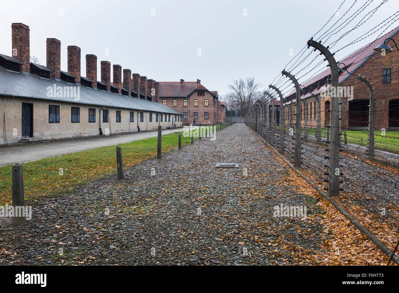 Main streets and perimeter barbed wire fence at Auschwitz I concentration camp near Krakow, Lesser Poland Stock Photo