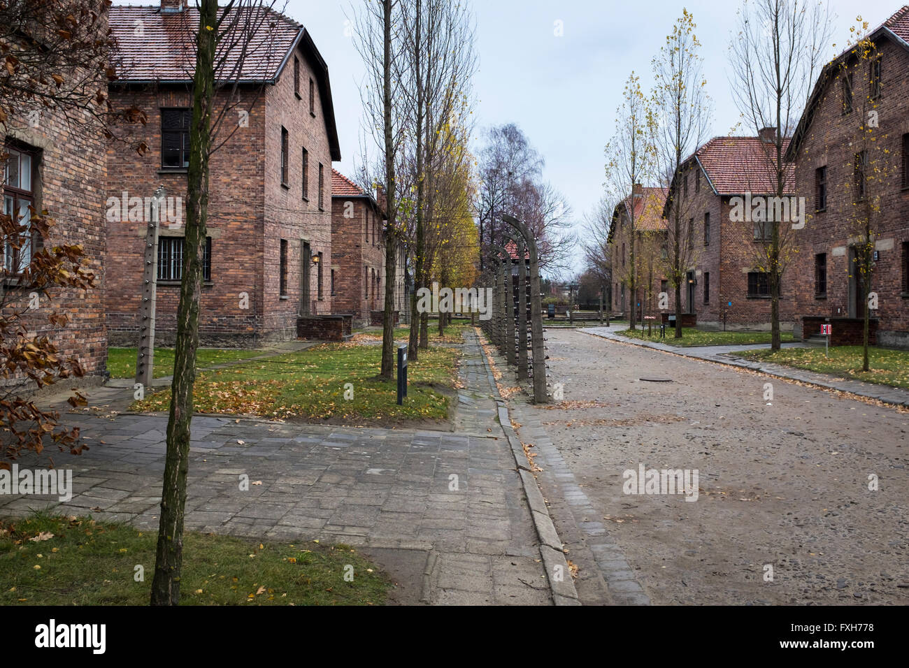 Main streets of Auschwitz I concentration camp near Krakow, Lesser Poland Stock Photo