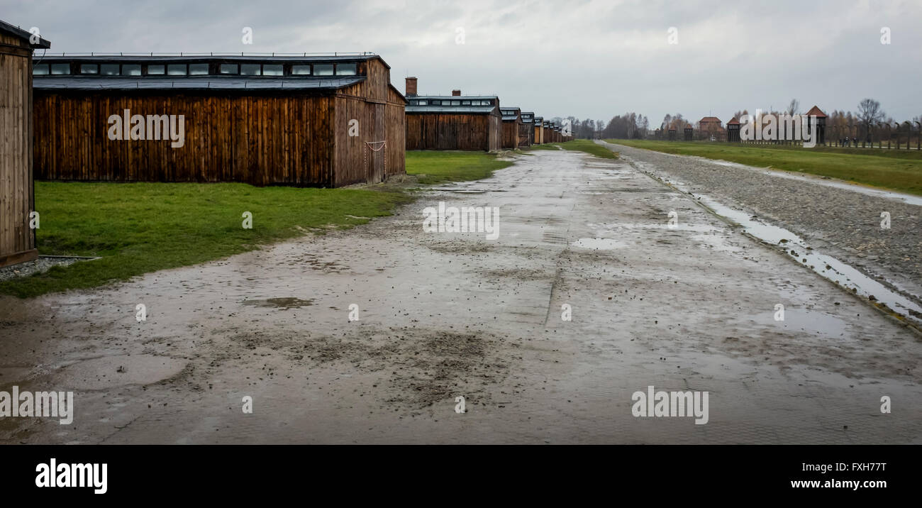 Row of prisoner huts in Auschwitz II concentration camp in Birkenau (Brzezinka), near Krakow, Poland. Stock Photo