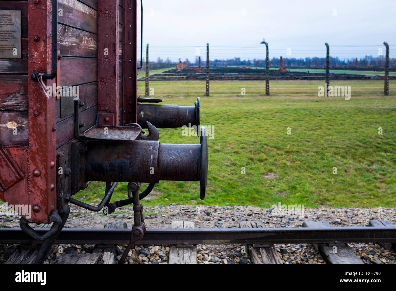 Auschwitz II concentration camp in Birkenau (Brzezinka),  near Krakow, Poland.  Transported in cattle trucks Stock Photo
