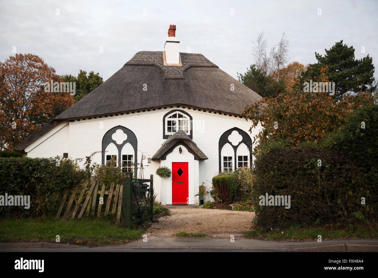 Quirky english thatched cottage at Kirkby Mallory, UK Stock Photo
