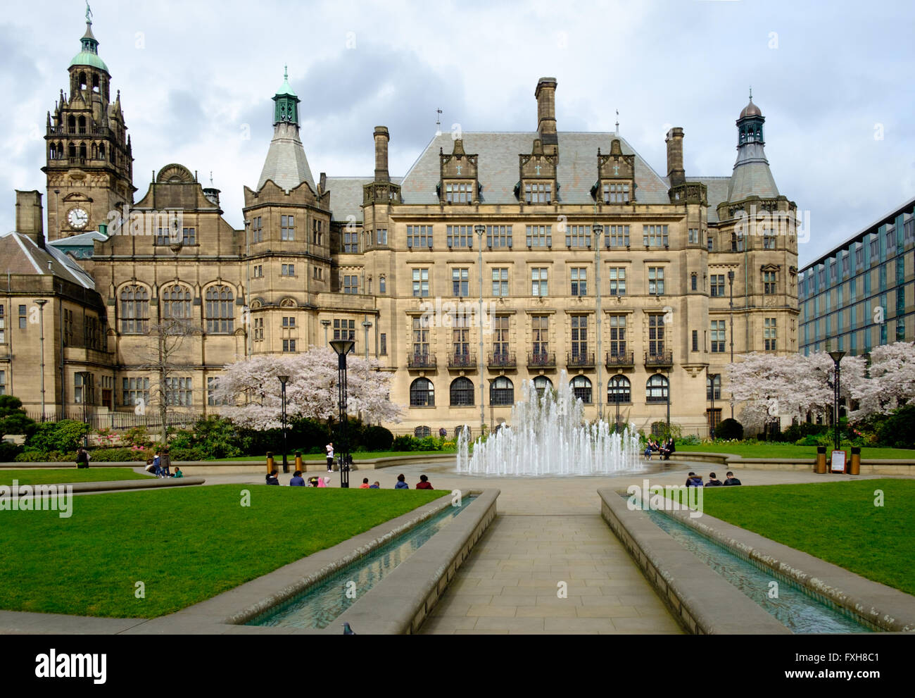 Sheffield Town Hall and Peace gardens in spring Stock Photo