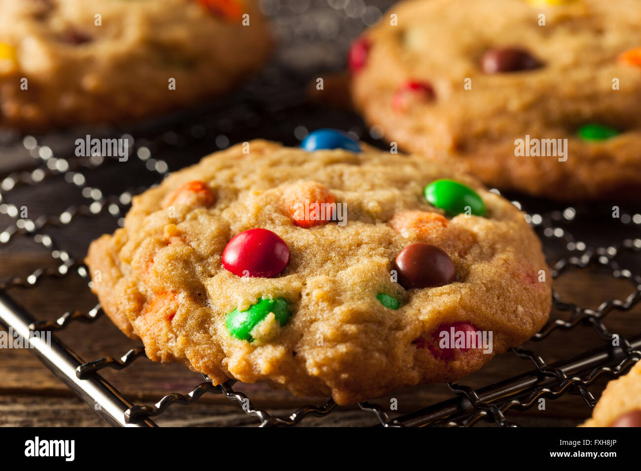 Homemade Candy Coated Chocolate Chip Cookies Ready to Eat Stock Photo
