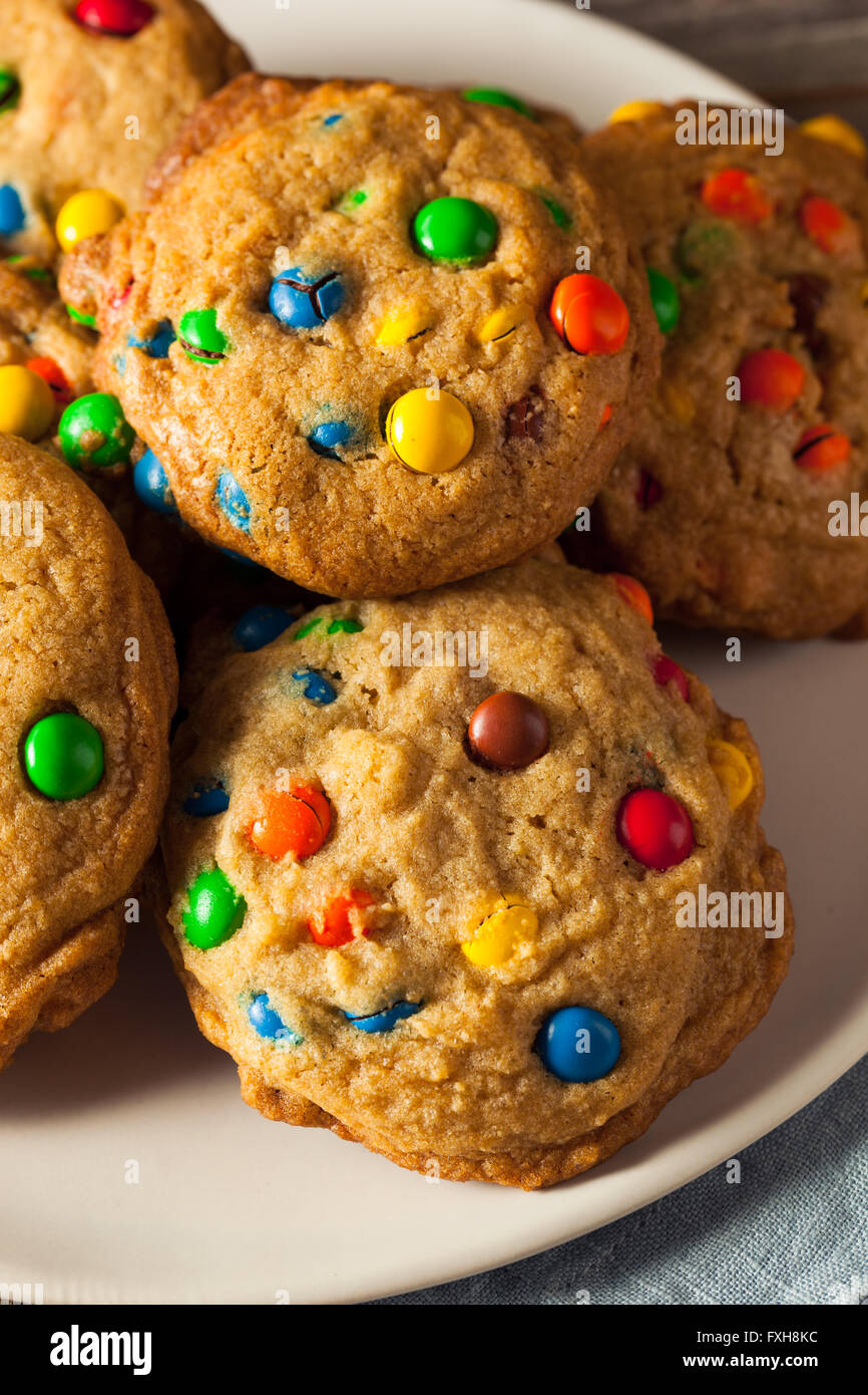 Homemade Candy Coated Chocolate Chip Cookies Ready to Eat Stock Photo