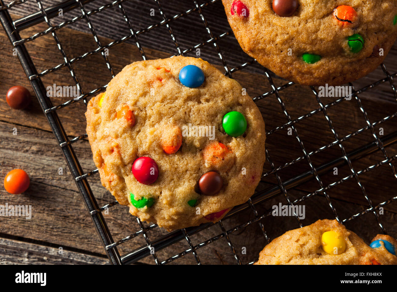 Homemade Candy Coated Chocolate Chip Cookies Ready to Eat Stock Photo