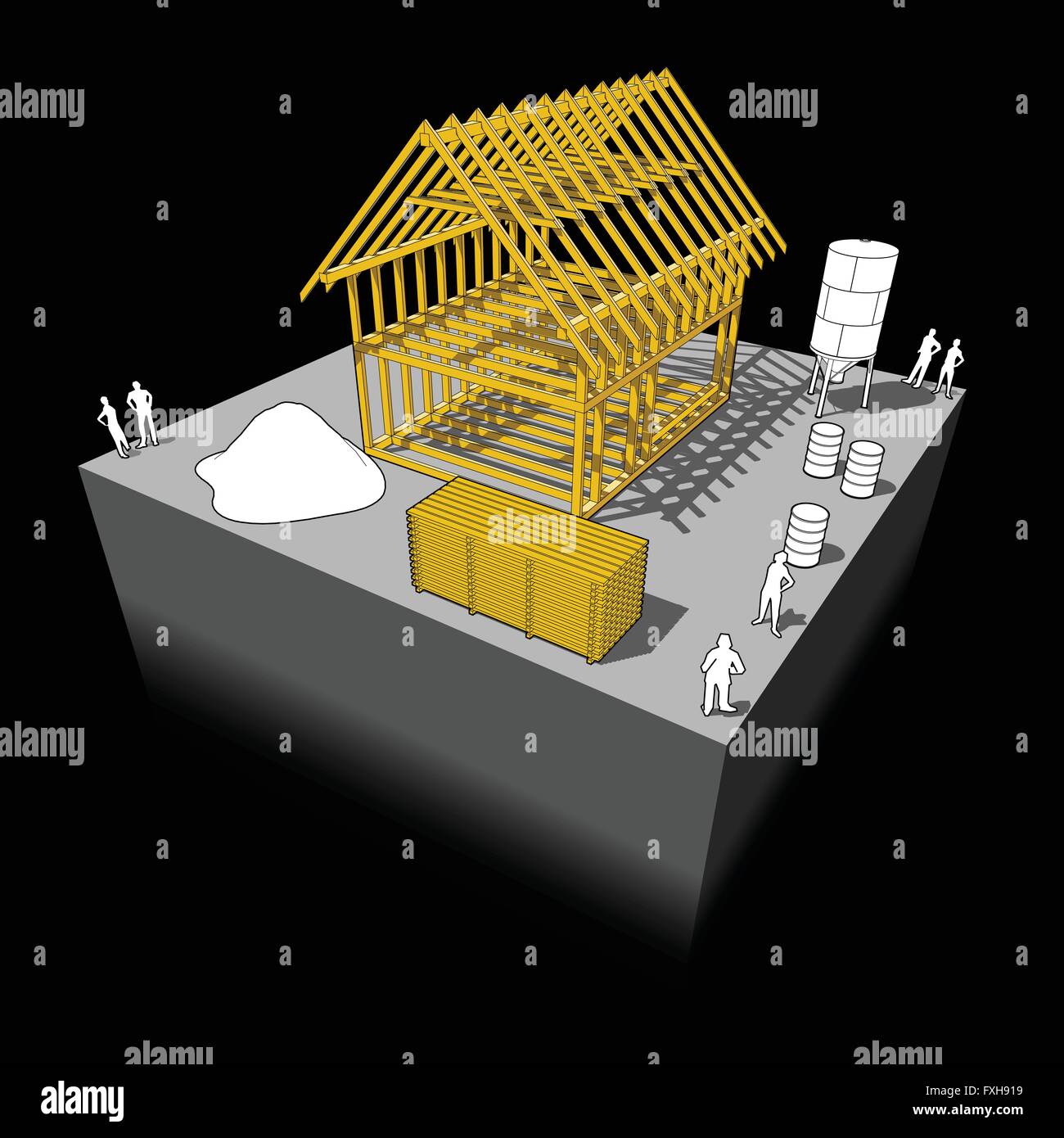 Construction of simple detached house with wooden framework ...