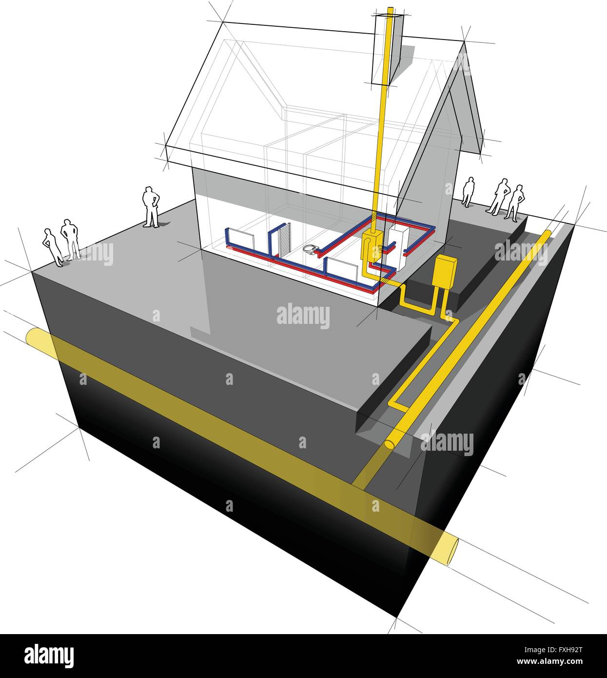 diagram of a detached house with traditional heating natural gas