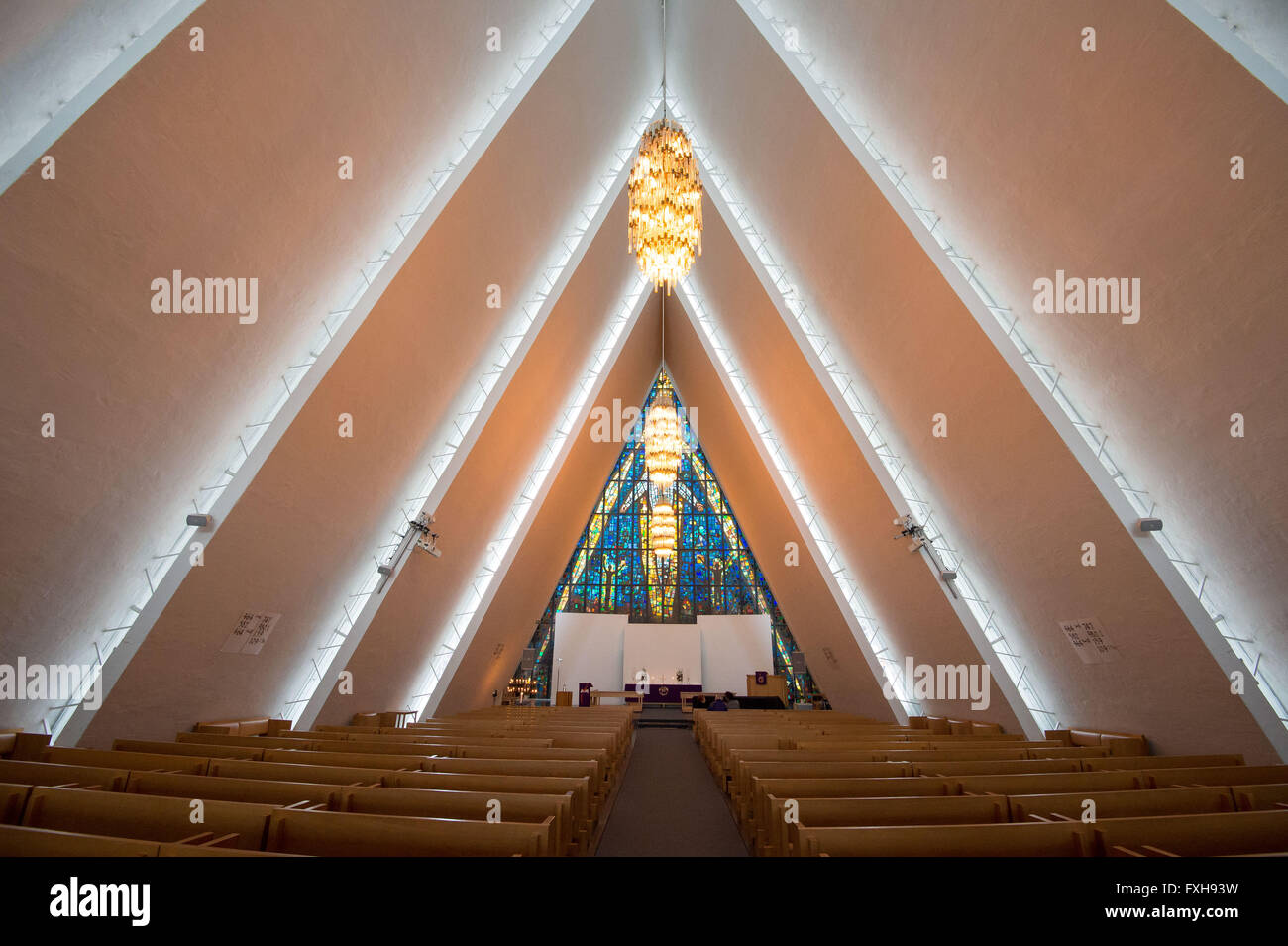 Interior view of the Arctic Cathedral, formally known as Tromsdalen Church or Tromsøysund Church in Tromso, Norway. Stock Photo
