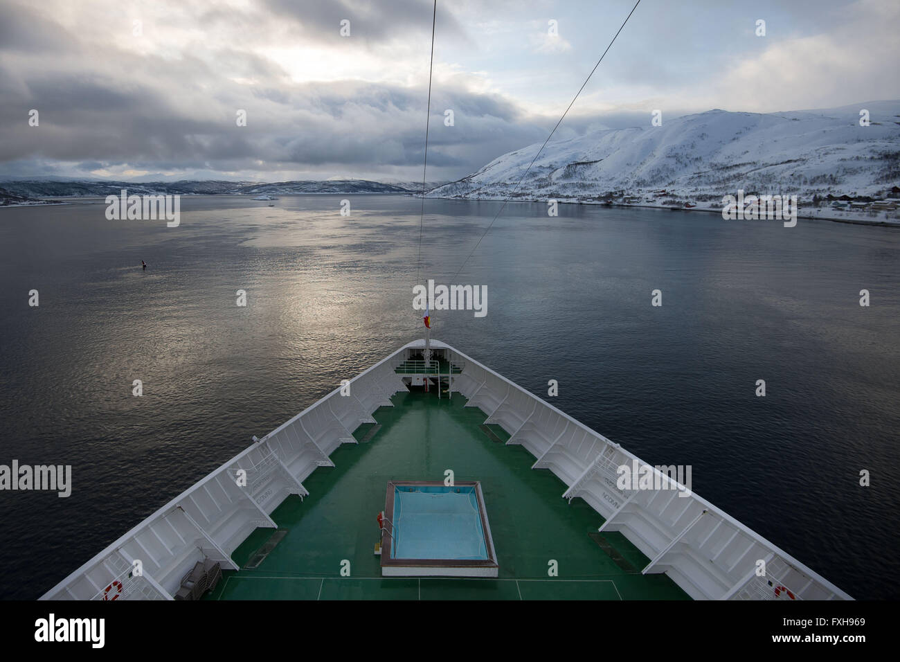 Oriana cruise ship in icy cold waters near arctic Tromso in Norway. Stock Photo
