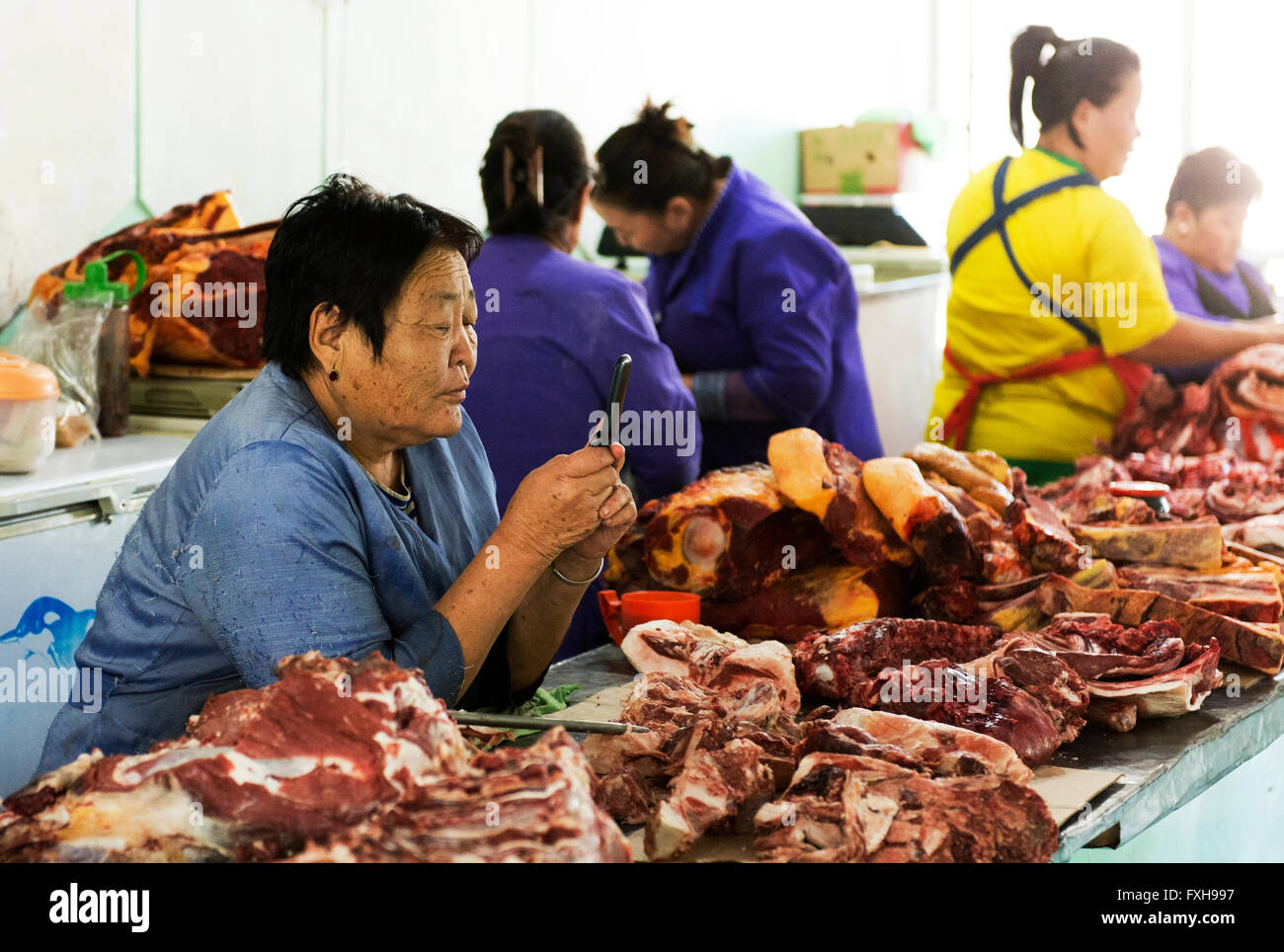 A woman checks her mobile phone at the butcher shop in Dalanzadgad, the capital of Omnogovi Province. Stock Photo