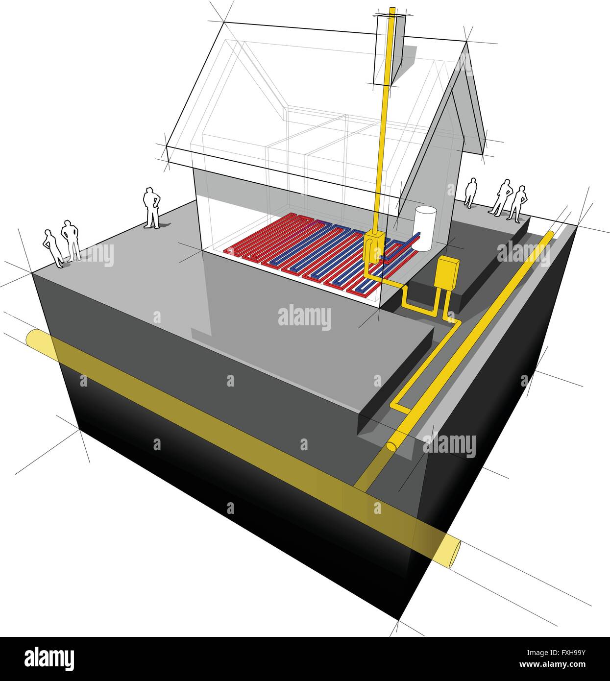diagram of a detached house with underfloor heating and natural gas